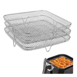 Air Fryer Baskets 8 inch Stackable Air Fry Crisper Basket 304 Stainless Steel Crisper Tray for Oven Air Fryer Accessory 3 Piece Square