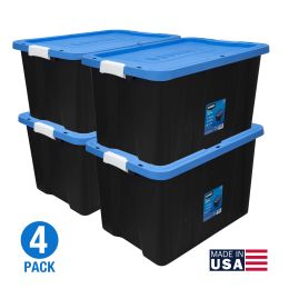 27 Gallon Heavy Duty Latching Plastic Storage Bin Container, Black, Set of 4