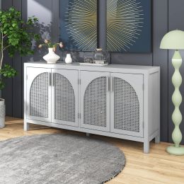 TREXM Large Storage Space Sideboard with Artificial Rattan Door and Metal Handles for Living Room and Entryway (Gray)