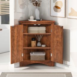 Brown Triangle Bathroom Storage Cabinet with Adjustable Shelves; Freestanding Floor Cabinet for Home Kitchen