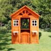 All Wooden Kids Playhouse with 2 windows and flowerpot holder; 42"Lx46'Wx55"H; Golden Red