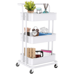 3-Tier Metal Rolling Cart Utility Cart Storage Cart with Lockable Wheels for Kitchen Bathroom Office(White)