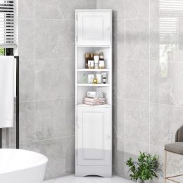 Multi-Functional Corner Cabinet Tall Bathroom Storage Cabinet with Two Doors and Adjustable Shelves; Open Shelf; White