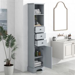 Grey Tall Bathroom Cabinet; Freestanding Storage Cabinet with 3 Drawers and Adjustable Shelf; MDF Board with Painted Finish