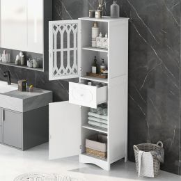 Tall Bathroom Cabinet; Freestanding Storage Cabinet with Drawer and Doors; MDF Board; Acrylic Door; Adjustable Shelf; White