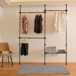 Adjustable Clothing Rack; Double Rod Clothing Rack; 2 Tier Clothes Rack; Adjustable Hanger for Hanging Clothes; Closet Rack; Freestanding; Black