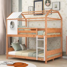 Full over Full Size House Bunk Bed with Window and Little Shelf,Full-Length Guardrail,Natural