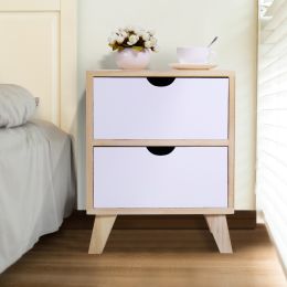 One Set of Wooden Nightstand with Two Drawers, End Table with Tall Legs, Multiple Usages Bedside Table, Indoors, Burlywood & White XH