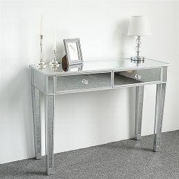 Mirrored 2-Drawer Media Console Table, Makeup Table Desk Vanity for Women Home Office Writing Desk Smooth Matte Silver Finish with Faux Crystal Knobs