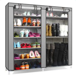 Double Rows Home Shoe Rack Shelf Storage Closet Organizer Cabinet Portable Cover Grey