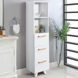 Tall Cabinet; Wooden Slim Floor Cabinet with Shelves &amp; Drawer; White