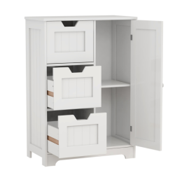 White freestanding storage cabinet for bathroom and living room (one door with three drawers)