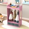 Kids Costume Organizer; Costume Rack; Kids Armoire; Open Hanging Armoire Closet with Mirror-PINK