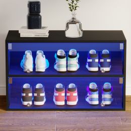 High Quality 2 Doors Wooden Shoes Rack Shoes Cabinet Shoes Storage with LED Light Glass Doors