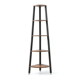 Corner Shelf, 5-Tier Bookshelf, Plant Stand, Wood Look Accent Bookcase Furniture with Metal Frame, for Home and Office, Rustic Brown RT