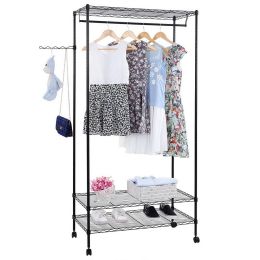 3-Tier Closet Organizer Metal Garment Rack Portable Clothes Hanger Home Shelf RT