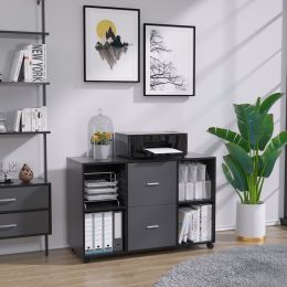 2 Drawer Wooden horizontal filing cabinet with 4 open storage shelves; black oak dark gray