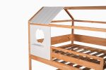 Full over Full Size House Bunk Bed with Window and Little Shelf,Full-Length Guardrail,Natural