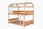 Full over Full Size House Bunk Bed with Window and Little Shelf,Full-Length Guardrail,Natural