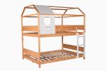 Full over Full Size House Bunk Bed with Window and Little Shelf,Full-Length Guardrail,Natural