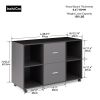 2 Drawer Wooden horizontal filing cabinet with 4 open storage shelves; black oak dark gray