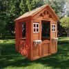 All Wooden Kids Playhouse with 2 windows and flowerpot holder; 42"Lx46'Wx55"H; Golden Red