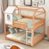 Full over Full Size House Bunk Bed with Window and Little Shelf,Full-Length Guardrail,Natural