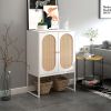 Natural Rattan 2 Door high cabinet; Built-in adjustable shelf; Easy Assembly; Free Standing Cabinet for Living Room Bedroom