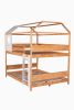 Full over Full Size House Bunk Bed with Window and Little Shelf,Full-Length Guardrail,Natural