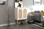 Natural Rattan 2 Door high cabinet; Built-in adjustable shelf; Easy Assembly; Free Standing Cabinet for Living Room Bedroom