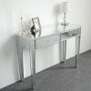 Mirrored 2-Drawer Media Console Table, Makeup Table Desk Vanity for Women Home Office Writing Desk Smooth Matte Silver Finish with Faux Crystal Knobs