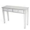 Mirrored 2-Drawer Media Console Table, Makeup Table Desk Vanity for Women Home Office Writing Desk Smooth Matte Silver Finish with Faux Crystal Knobs