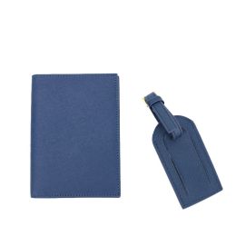 Portable Simple Cross-grain Genuine Cowhide Travel Ticket ID Passport Bag (Option: Dark Blue-Set)