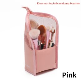 1Pc Women Stand Makeup Brush Organizer Bag; High Capacity Portable Stand-Up Makeup Brush Holder (Color: pink)