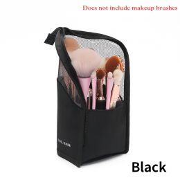 1Pc Women Stand Makeup Brush Organizer Bag; High Capacity Portable Stand-Up Makeup Brush Holder (Color: BLACK)