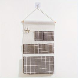 1pc Fabric Storage Bag; Hanging Bag; Over The Door Organizer With 5 Pockets; Wall-mounted Bedside Storage Bag; Student Dormitory Storage Artifact (Color: Grey Plaid)