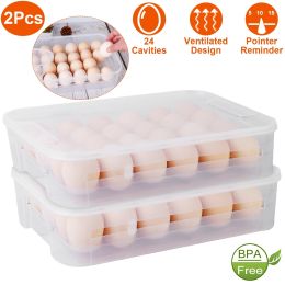 2Pcs Plastic Egg Holder Stackable Egg Storage Box Egg Rack for Refrigerator 24 Cavity Per Container (Color: Transparent)