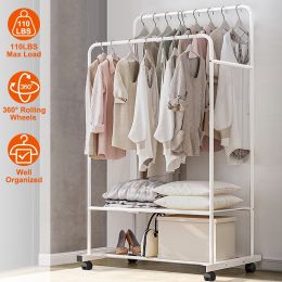 Garment Hanging Rack Clothing Hanging Rail Pillow Shoe Display Organizer Stand Rolling Wheel Clothes Organizer (Color: White)