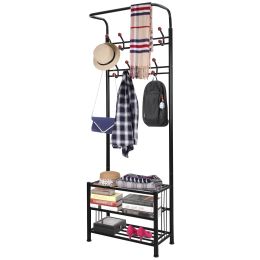 Metal Entryway Coat Shoe Rack Hall Tree w/ 3-Tier Shoe Bench Shoe Storage 18 Hooks Coat Hat Rack (Color: BLACK)