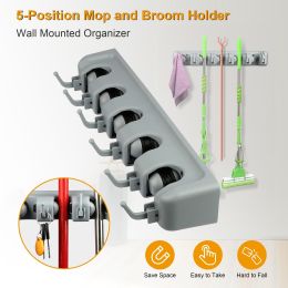 Mop Holder Wall Mount Mop Broom Holder Mop Hanger Organizer Storage Rack w/ 5-Position (Color: Grey)