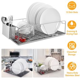 Dish Drying Rack Stainless Steel Dish Rack w/ Drainboard Cutlery Holder Kitchen Dish Organizer (Color: silver)