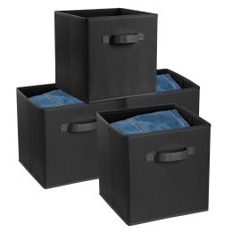 4 Pack Foldable Storage Cube Bins Cloths Closet Space Organizer Basket Shelves Box (Color: BLACK)