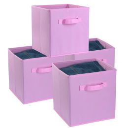 4 Pack Foldable Storage Cube Bins Cloths Closet Space Organizer Basket Shelves Box (Color: pink)