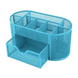 Metal Mesh Pencil Holders Desk Organizer with 9 Compartment Pen Holder Storage (Color: Sky Blue)