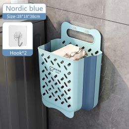 Folding Laundry Basket Bathroom Clothes Storage Organizer Baskets Portable Punch-Free Laundry basket Holder Home Accessories (Color: Blue L hook)