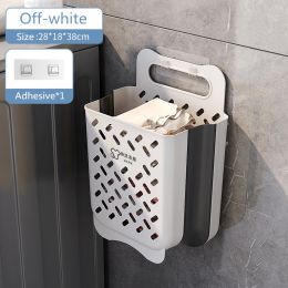 Folding Laundry Basket Bathroom Clothes Storage Organizer Baskets Portable Punch-Free Laundry basket Holder Home Accessories (Color: Off-white L glue)