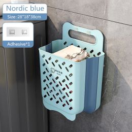 Folding Laundry Basket Bathroom Clothes Storage Organizer Baskets Portable Punch-Free Laundry basket Holder Home Accessories (Color: Blue L glue)