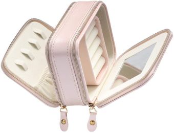 Jewelry Case with Double Zippers and Built-in Mirror Small Size PU Leather for Women and Girls Rings Earrings Necklace Organizer Jewelry Storage Box (Color: pink)