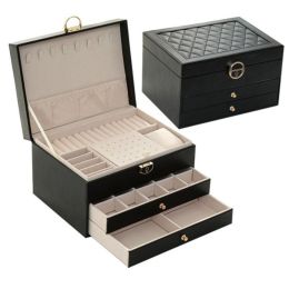 Jewelry Box for Women 3 Layer Girls Jewelry Organizer Box with 2 Drawers for Ring Necklace Bracelet Earring (Color: BLACK)