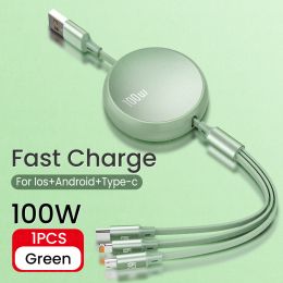 6A 100W 3in1 2in1 Fast USB Cable for Huawei/Honor Retractable Portable 3 in 1 Micro USB Type C Charger Cable For iPhone Samsung (Color: Green)